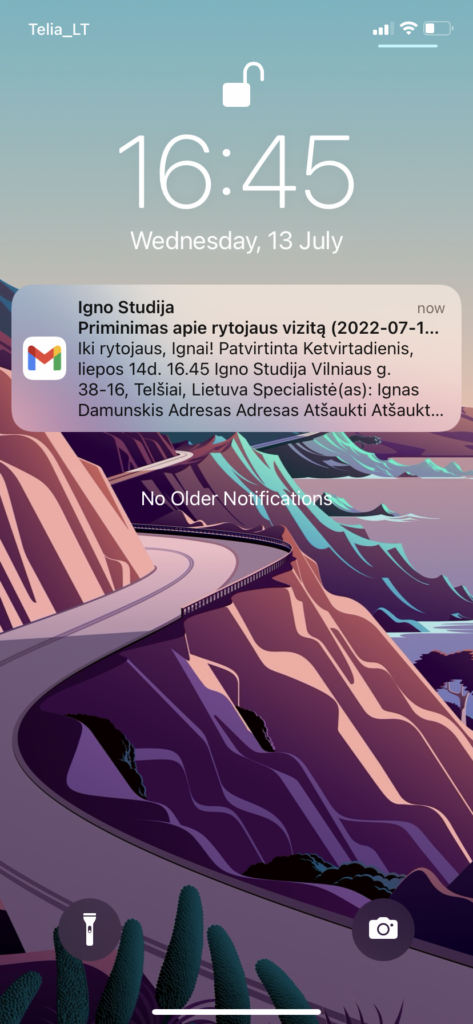 Ant mobilaus ekrano iššokęs el. pašto priminimas apie vizitą